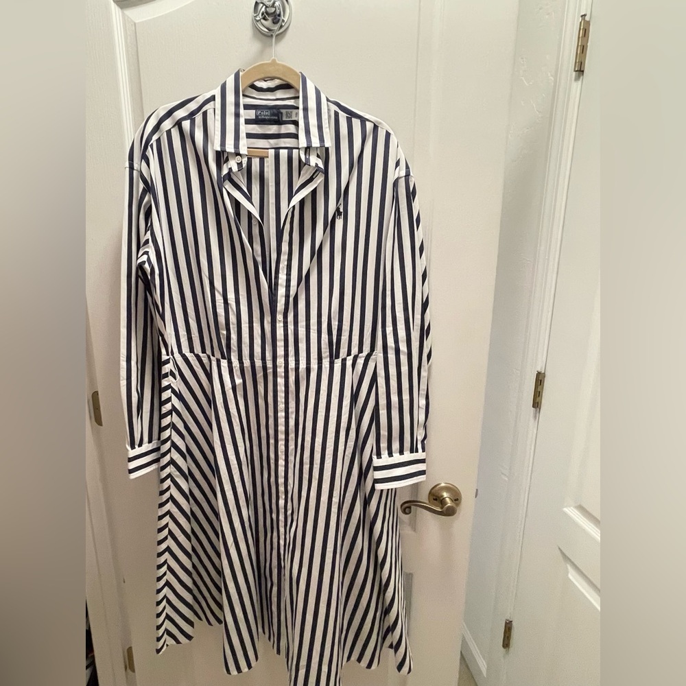 Polo Ralph Lauren Blue and White Striped Shirt Dress with belt.